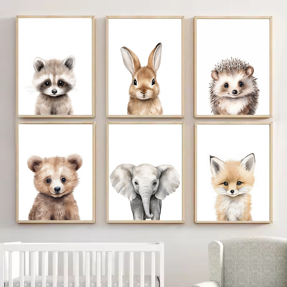 Baby Nursery Prints - 1 Stück Aquarell-Waldtier-Baby-Tiermotiv: Kleiner Bär, Hase,