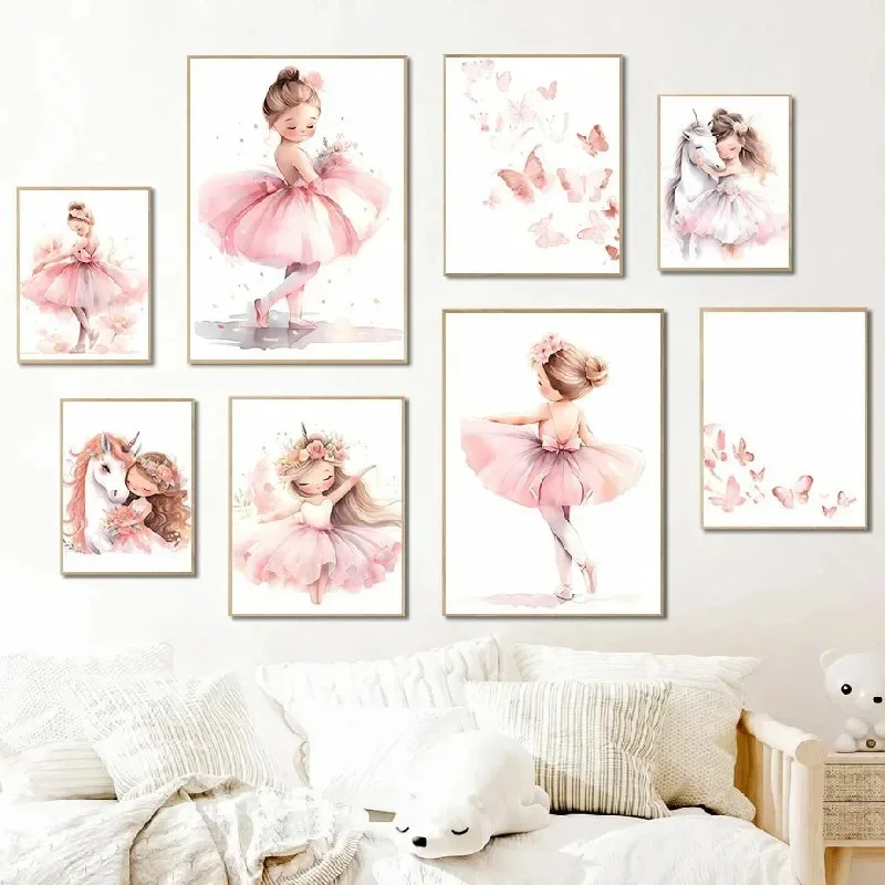 Baby Nursery Prints - Rosa Ballerina Mädchen Einhorn Schmetterling Poster