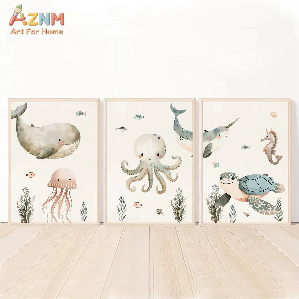 Baby Nursery Prints - AZNM Aquarell Leinwandbild mit niedlichen Meerestieren: