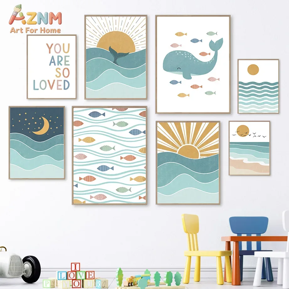 Baby Nursery Prints - AZNM Boho Ozean Leinwand-Wandkunst Niedlicher Wal