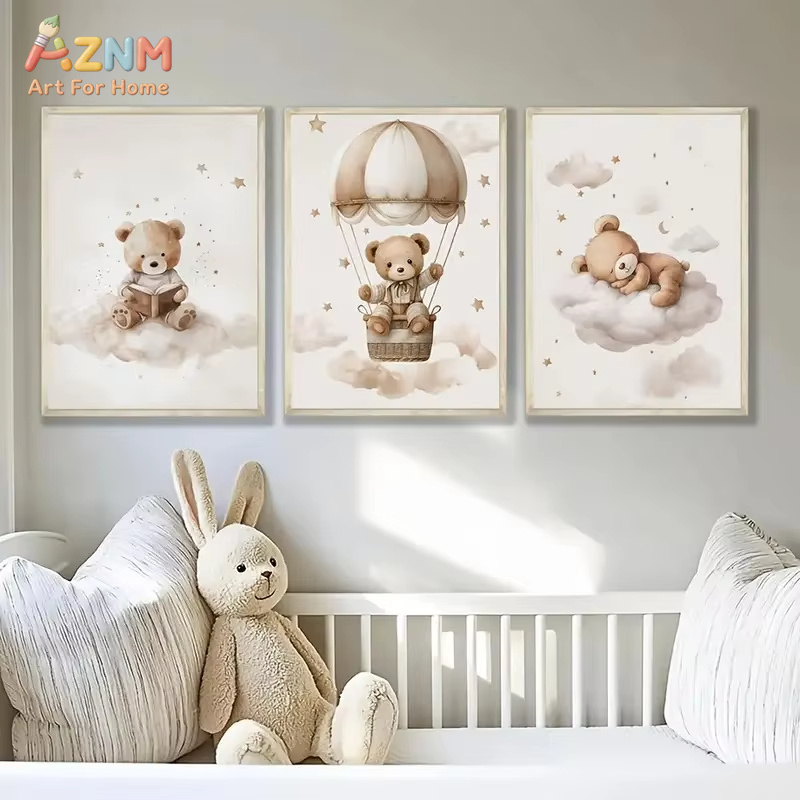 Baby Nursery Prints - 3-teiliges Bohemian-Style Teddybär Tier Kinderzimmer Leinwand-Poster
