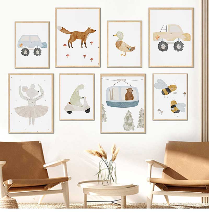 Baby Nursery Prints - Cartoon Gans Biene Bär Ente Dinosaurier