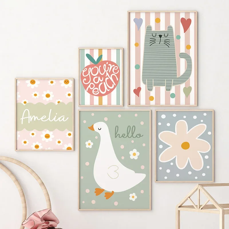 Baby Nursery Prints - Cartoon Katze Ente Vogel Apple Benutzerdefinierte