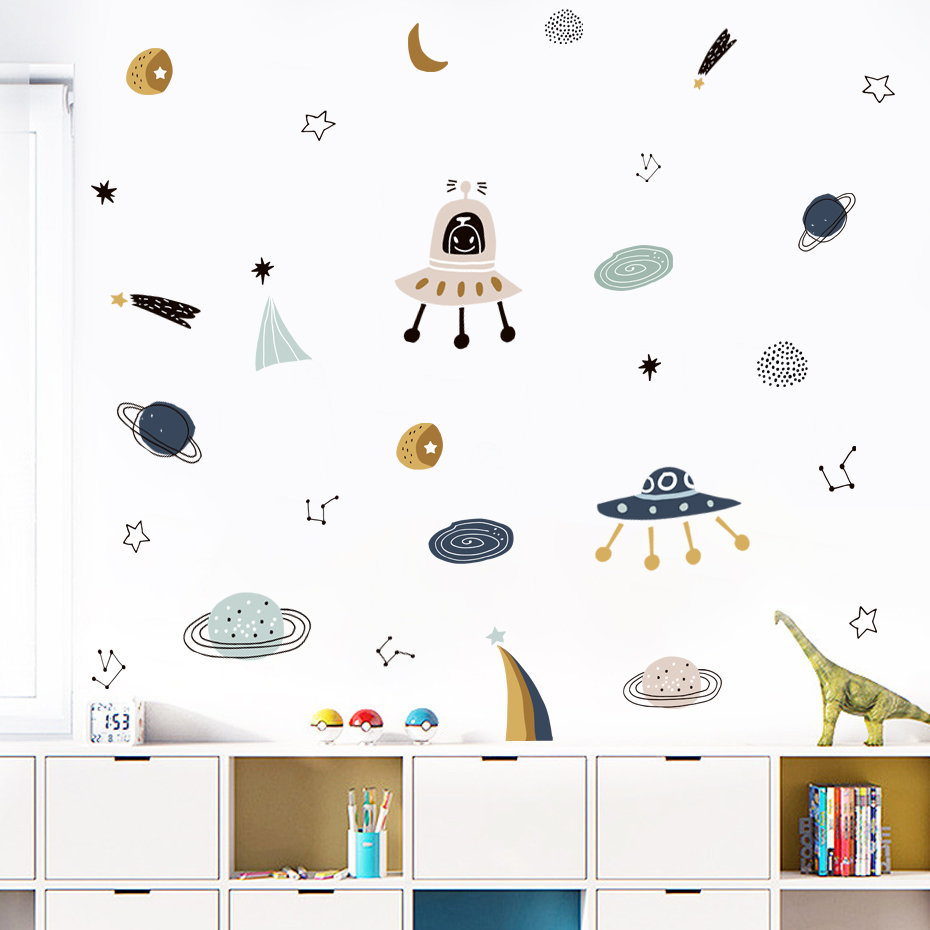 Baby Nursery Vinyl Wall Stickers - Cartoon UFO Aliens Planet Muster Aquarell
