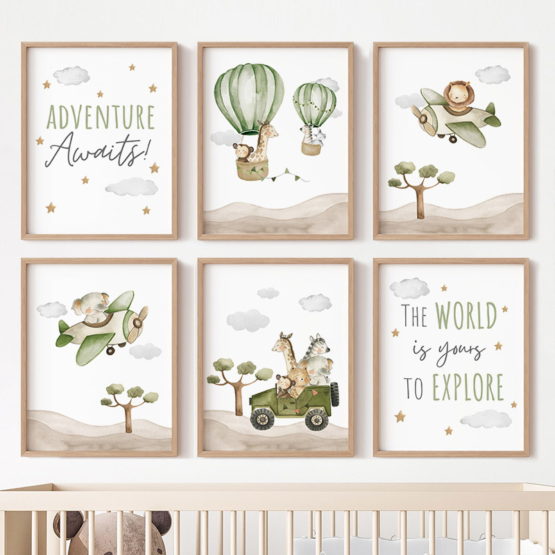 Baby Nursery Prints - Heißluftballon-Pilot Tiere Poster Leinwanddruck Elefant Löwe