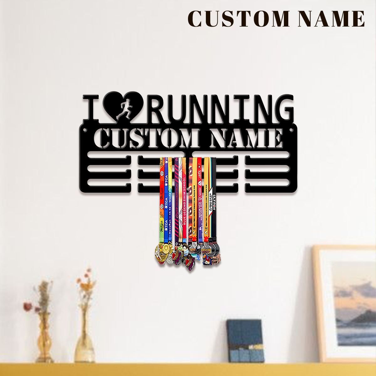 Baby Nursery Ornaments - Personalisierter 'I Love Running' Metall-Medaillenhalter, Valentinstagsgeschenk,