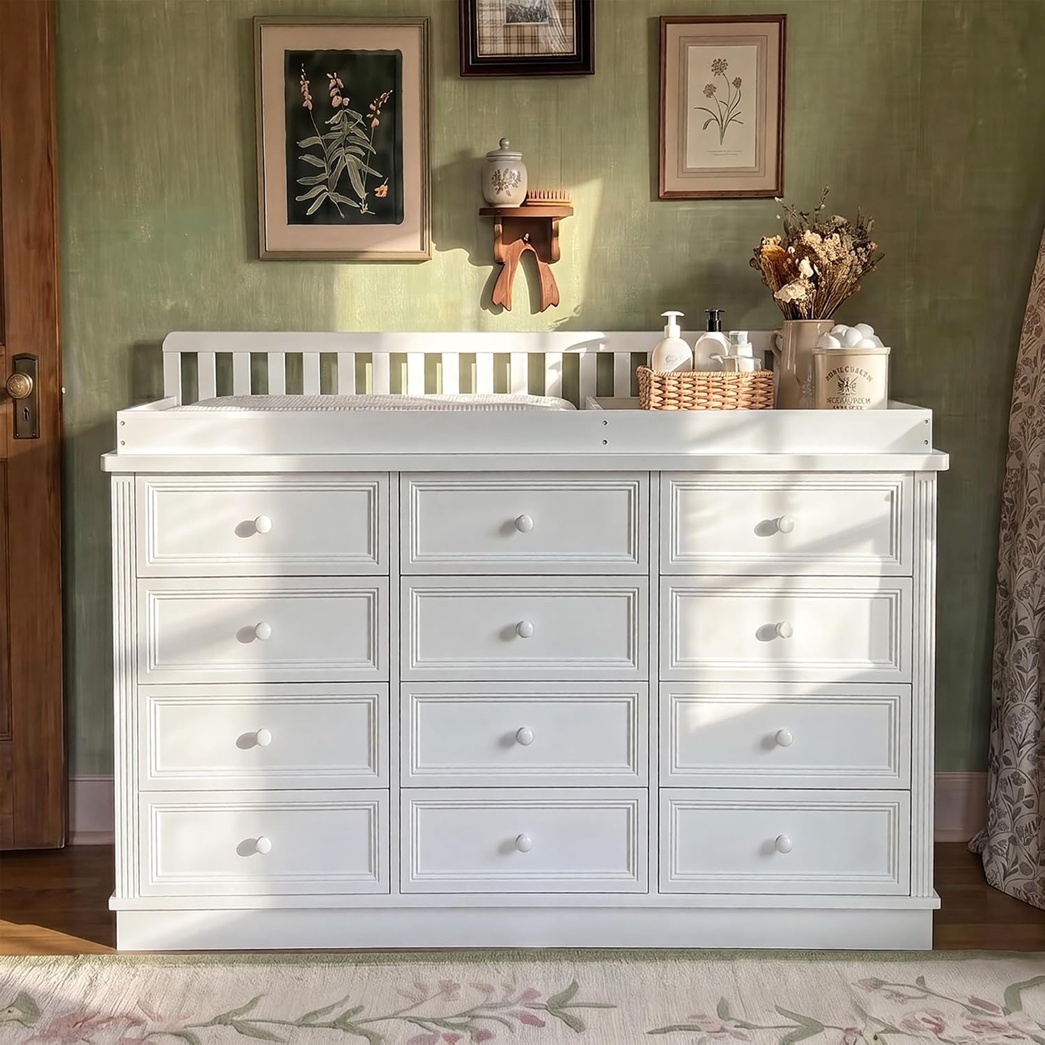 Baby Nursery Dresser - Baby-Wickelkommode, 100% Massivholz Säuglings-Wickelstation-Kombination, 12-Schubladen Baby-Kommode,