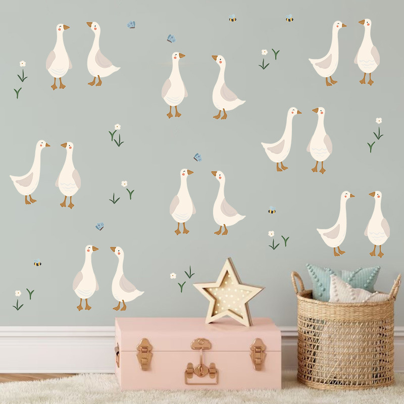 Baby Nursery Vinyl Wall Stickers - Niedlicher Entenküken-Wandaufkleber, lustiger Enten-Blumen-Aufkleber, PVC, selbstklebendes