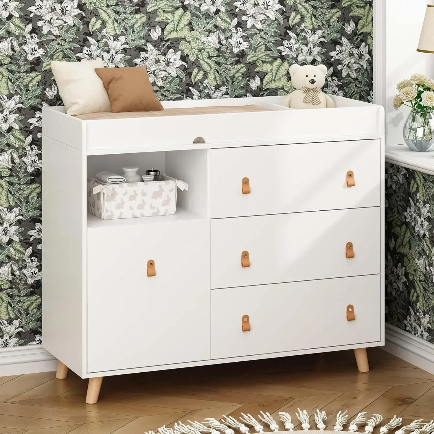Baby Nursery Dresser - Baby-Kommode mit Wickelaufsatz, Schubladen, Regal, verstecktem