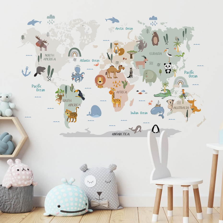Baby Nursery Vinyl Wall Stickers - Aquarell Cartoon Weltkarte Wandaufkleber Tiere Wildtiere