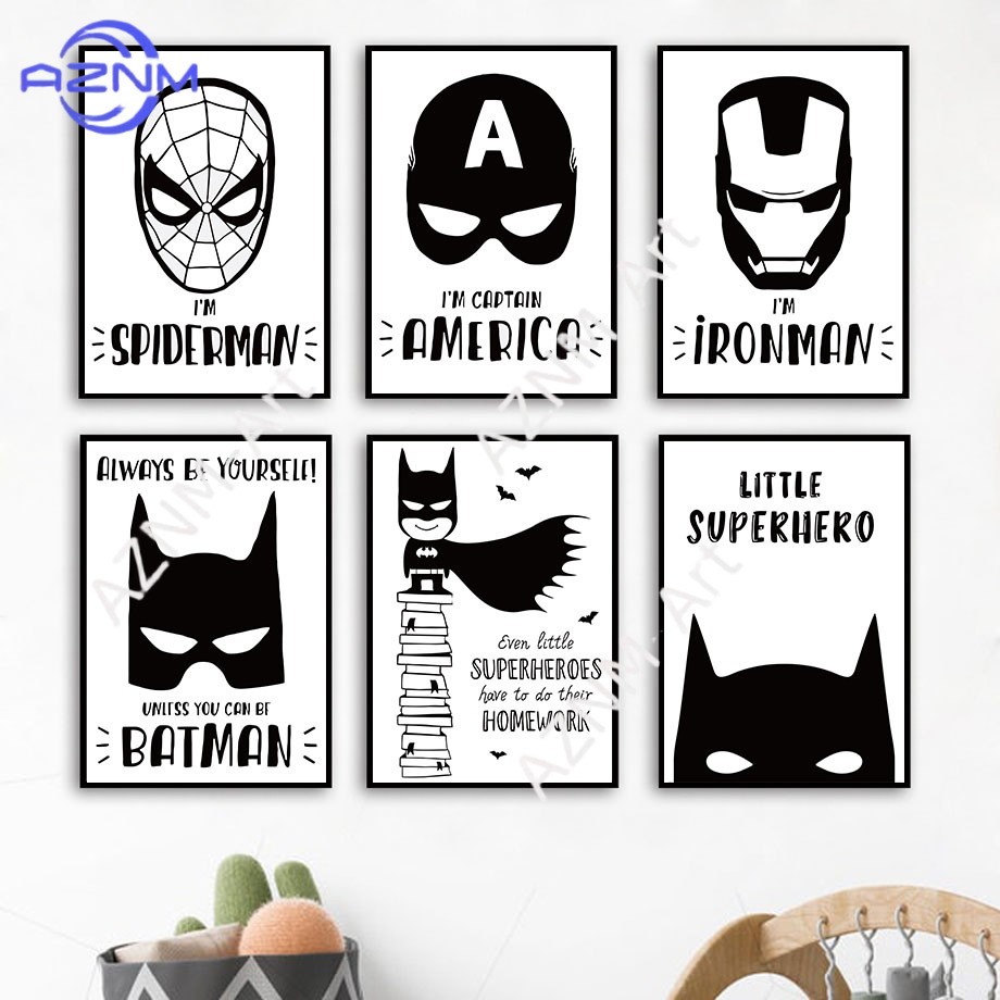 Baby Nursery Ornaments - Wandkunst Leinwanddruck Fledermaus Comic Schwarz-Weiß Superhelden-Film