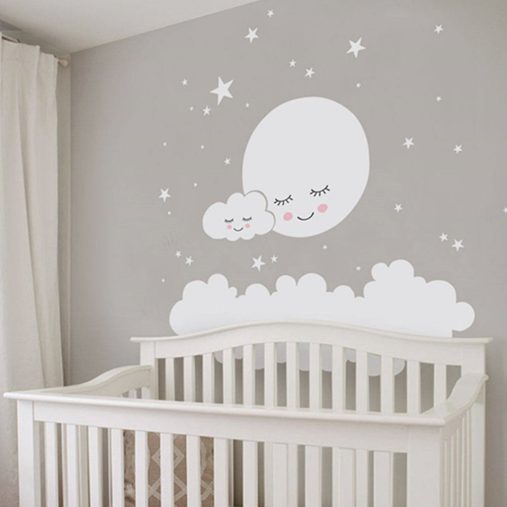 Baby Nursery Vinyl Wall Stickers - Schöne Mond Sterne Wandtattoo Wolke Kinderzimmer